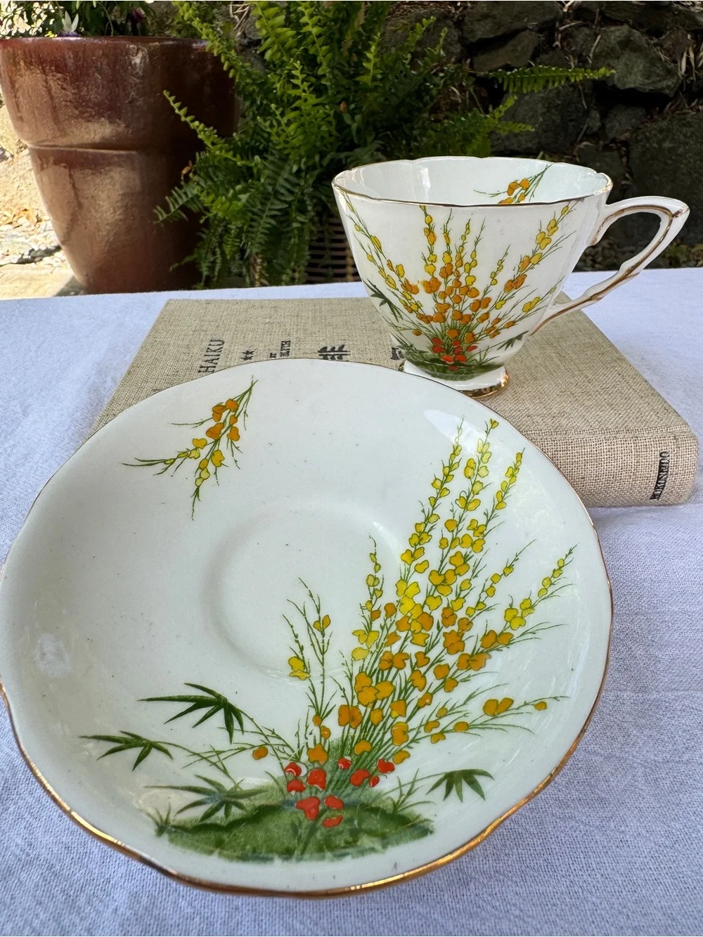 Vintage Royal Stafford Bone China Teacup & Saucer BROOM Pattern Made in England